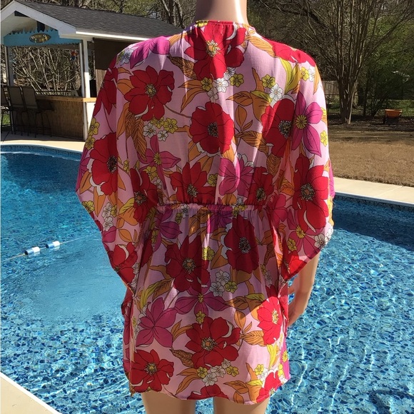 Room Mates Womens Red Floral Tie Front Kimono Swimsuit Cover Up - Picture 2 of 5